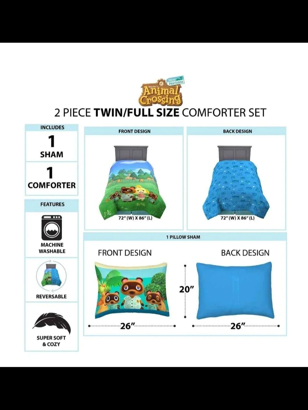Animal Crossing Reversible Comforter Set Twin/Full
